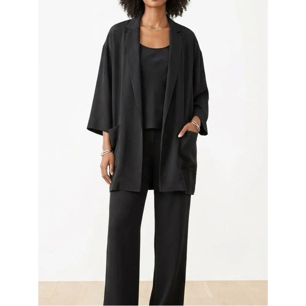 Eileen Fisher Black 100% Silk Crepe Georgette Modern Kimono Blazer Size Medium - Picture 1 of 15